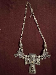 Antiqued Silver-Tone Filigree Cross Statement Necklace