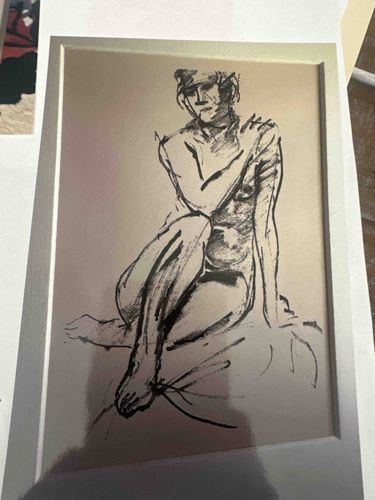 Framed Ink Sketch of Crouching Nude Figure