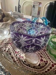 Amethyst/Purple Cut Glass Bowl with Starburst and Fan Patterns