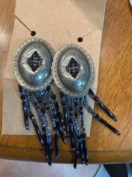 Concho Style Dangle Earrings with Black and Grey Beadwork