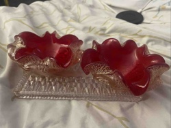 Ruby Red and Aventurine Glass Double Dish with Clear Base