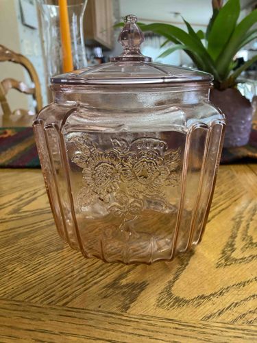 Pink Depression Glass Cookie Jar with Floral Relief