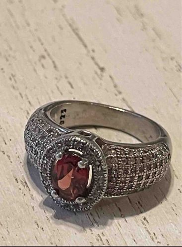 Garnet and Cubic Zirconia Sterling Silver Halo Ring