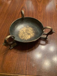 Bronze or Brass Basin with Ram's Head Handles and Etched Interior