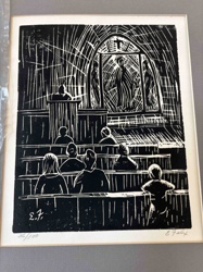 E. Felix Woodcut Print of a Lecture Hall or Church Scene