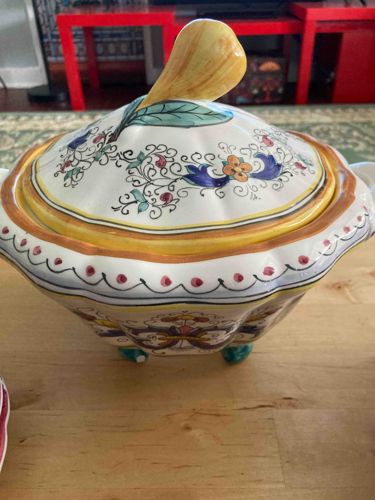 Italian Majolica Hand-Painted Ceramic Tureen with Pear Finial