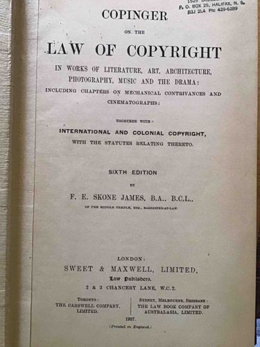 Copinger on the Law of Copyright, Sixth Edition, 1927
