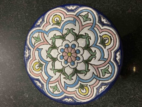 Hand-Painted Ceramic Decorative Plate with Floral-Geometric Motif