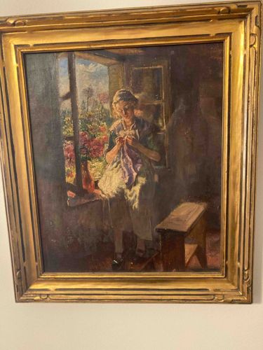 Oil Painting: Woman by a Window, possibly 'Preparing the Meal'