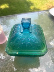 Teal Pressed Glass Covered Dish