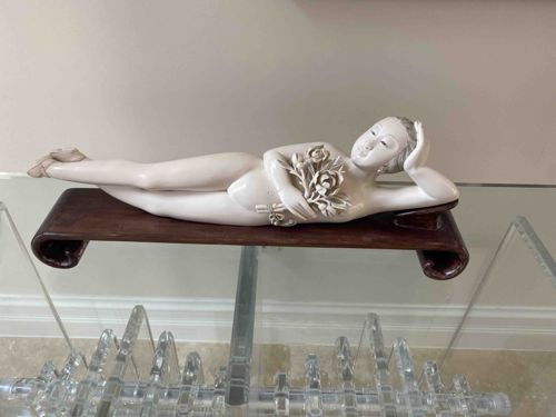 Chinese Reclining Doctor's Lady Figurine with Wooden Base
