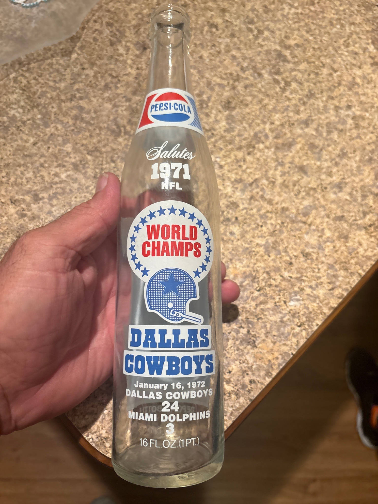 Submitted photo of Pepsi-Cola 1971 Dallas Cowboys World Champs commemorative bottle (not authenticated)