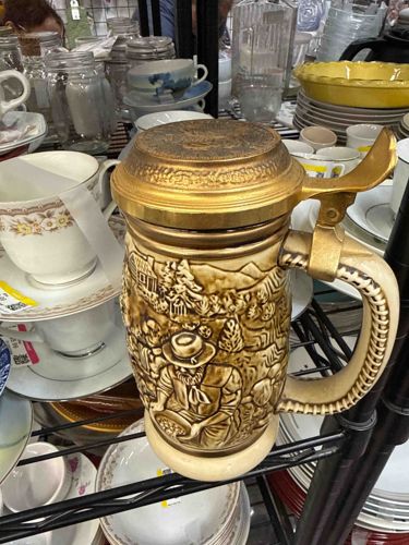 Vintage Lidded Beer Stein with Gold Rush Panhandling Scene
