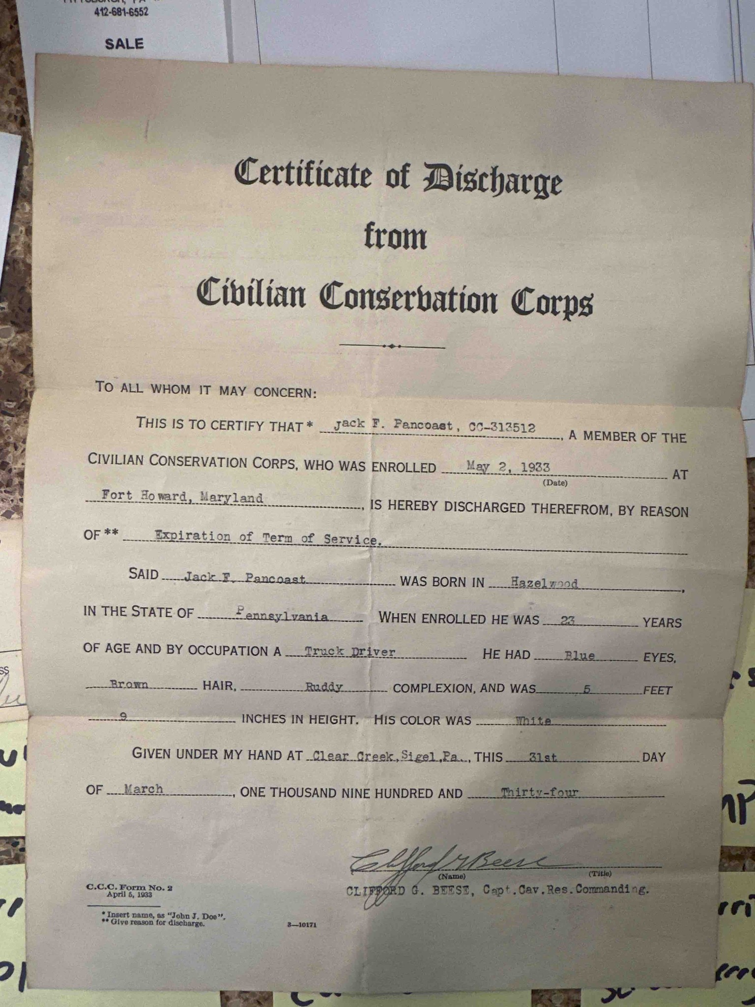 Submitted photo of Civilian Conservation Corps Certificate of Discharge
