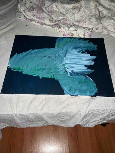 Abstract Teal and Green Brushstroke Painting on Dark Canvas