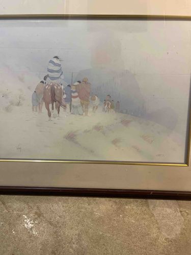 Framed Watercolor Painting of Indigenous Figures on Horseback