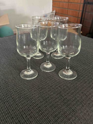 Set of Five Clear Glass Stemmed Glasses