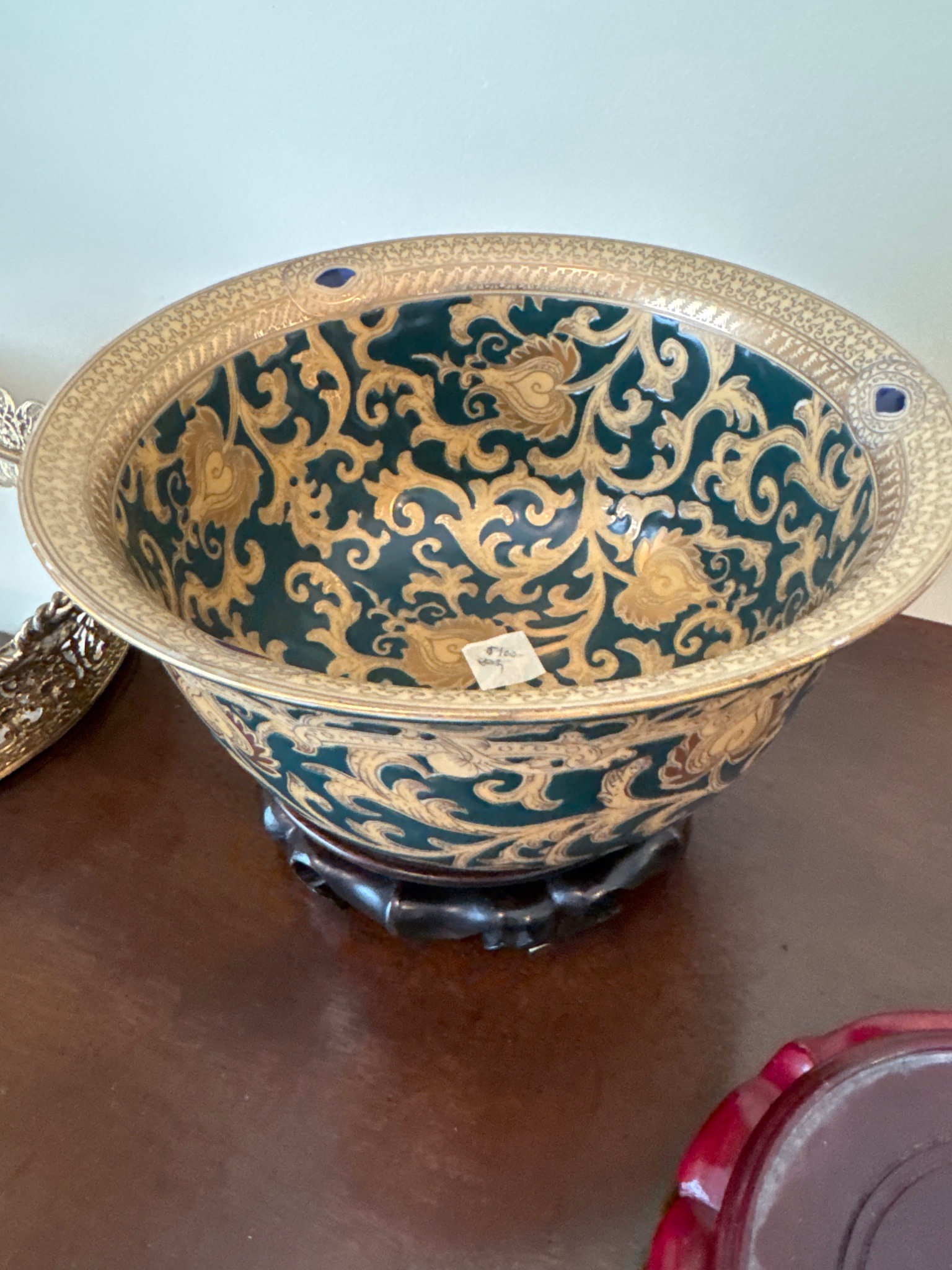 Chinese Export Style Teal and Gold Porcelain Bowl on Wooden Stand