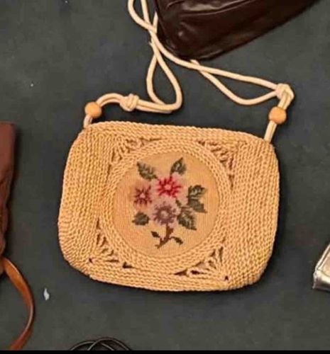 Vintage Crocheted Needlepoint Floral Pouch Bag