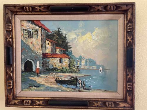 Mediterranean Coastal Village Landscape Oil Painting