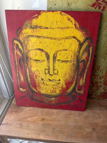 Mixed-Media Buddha Head Painting on Canvas