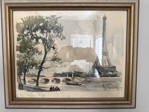 Framed Watercolor Painting of Eiffel Tower and Seine River