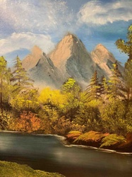 Mountain Landscape Painting with River and Forest