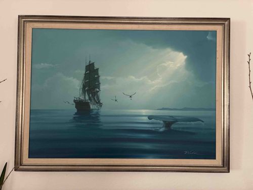 Marine Oil Painting of a Tall Ship and Whale Fluke by Robert Wyland