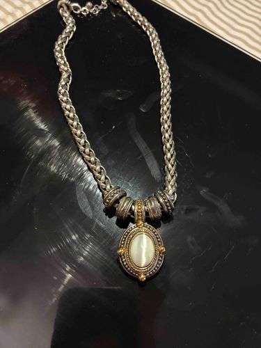 Mixed-Metal Wheat Chain Necklace with Cat's Eye Pendant