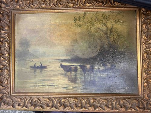 Late 19th Century Landscape Oil Painting with Figures and Cattle