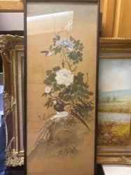 Framed Hand-Painted and Embroidered Silk Panel with Birds and Peonies