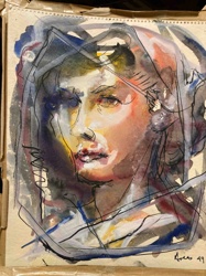 Abstracted Portrait in Watercolor and Ink, signed 'Ares 49'