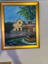 European Cityscape Painting with Fountain and Building