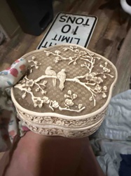 Carved Faux Ivory Trinket Box with Birds and Cherry Blossoms