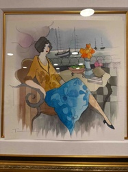 Woman Seated by Water with Sailboats (Framed Watercolor Painting)