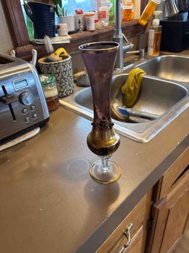 Mid-Century Jeweled Red/Purple Glass Bud Vase with Gilt Details