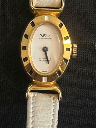 Villeruese Ladies' Gold-Tone and White Leather Strap Watch