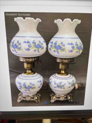 Pair of Abigail Adams Style Milk Glass Hurricane Lamps with Floral Decor