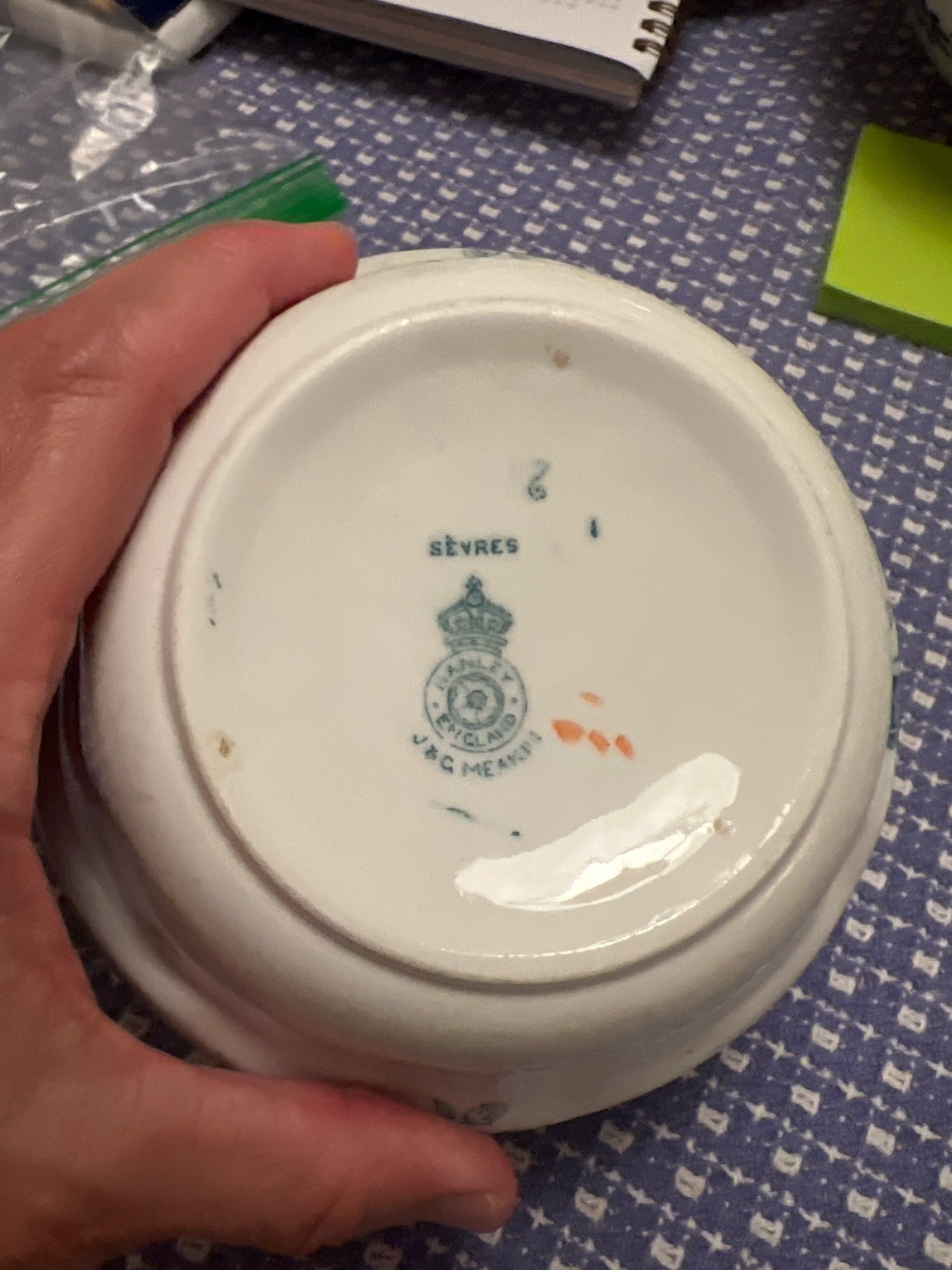 Submitted photo of Porcelain bowl bearing a Sevres mark and J&G Meakin mark (not authenticated)