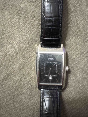 Hugo Boss Men's Black Dial Rectangular Watch with Alligator-Embossed Leather Strap