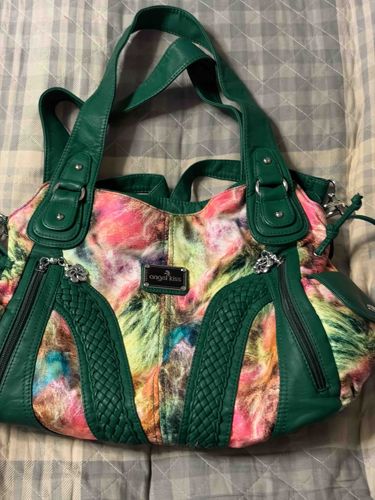 Angel Kiss Multi-Color Abstract Print and Green Faux Leather Shoulder Bag