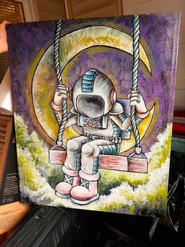 Original Astronaut on Moon Swing Acrylic Painting