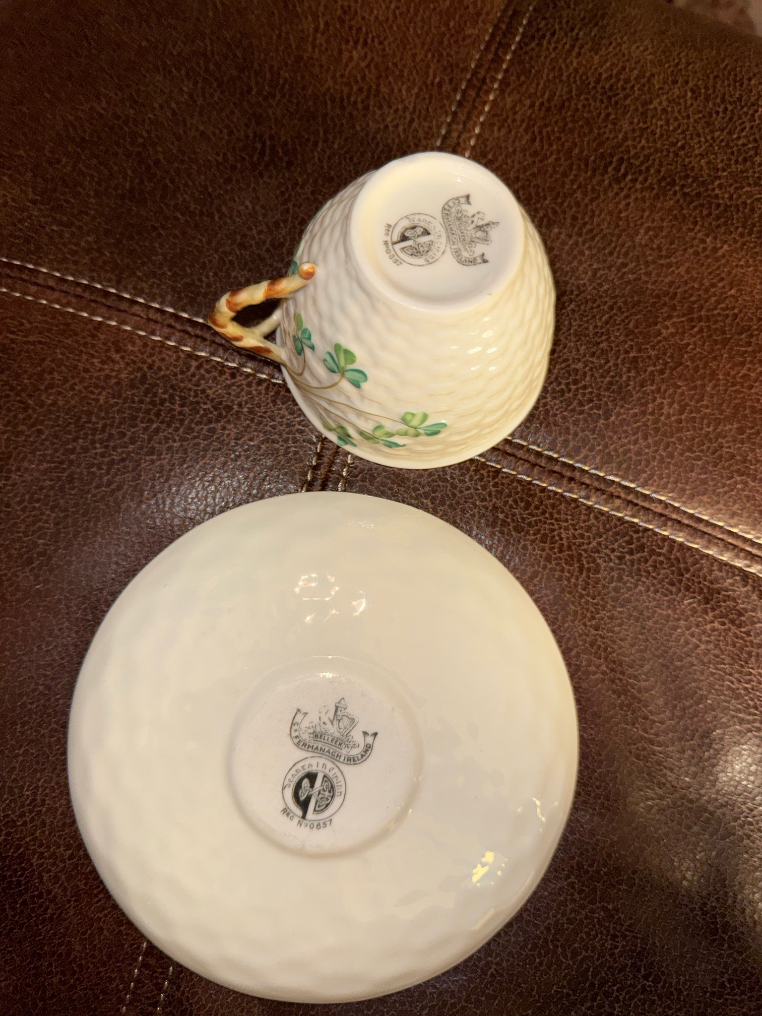Submitted photo of Porcelain teacup and saucer set, bears Belleek marks (not authenticated)
