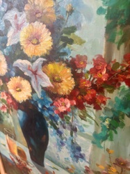Floral Still Life Oil Painting with Vase and Drink