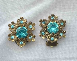 Vintage Filigree Clip-On Earrings with Blue Rhinestones