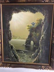 Framed Seascape Painting with Pagoda and Natural Arch