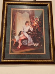 Framed Sentimental Genre Art Print: Woman and Child at Piano