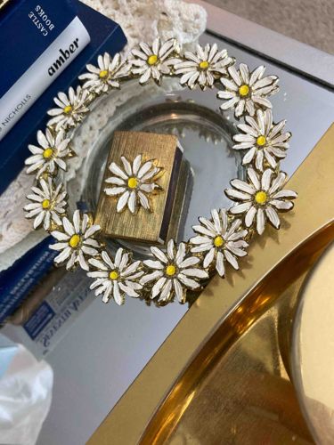Vintage Enamel Daisy Ashtray and Matchbox Cover Set
