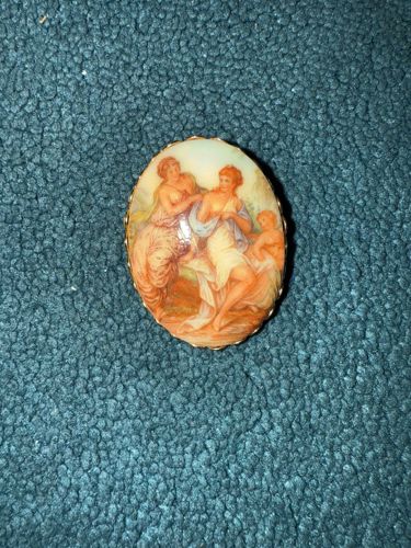 Oval Hand-Painted Classical Scene Brooch
