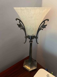 Transitional Table Lamp with Frosted Glass Shade and Ornate Metalwork
